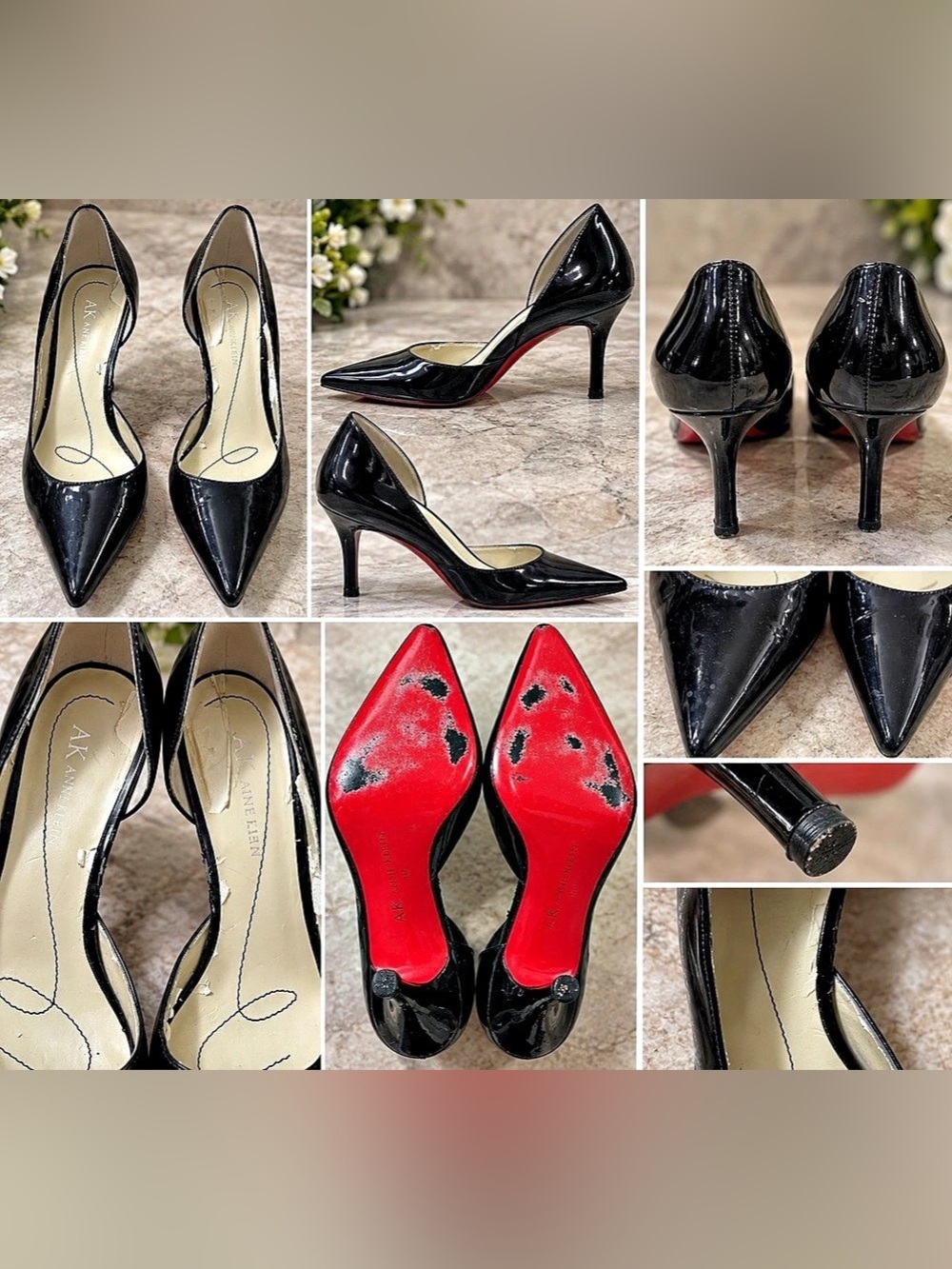 AK Anne Klein Size 7.5 Black Patent Pointed Toe Heels Pumps Red Bottom